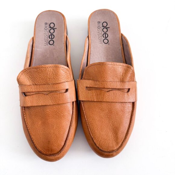 Abeo Jasmine Tan Leather Slip On Penny Loafers 7.5 Narrow Mules Slides - Picture 1 of 8